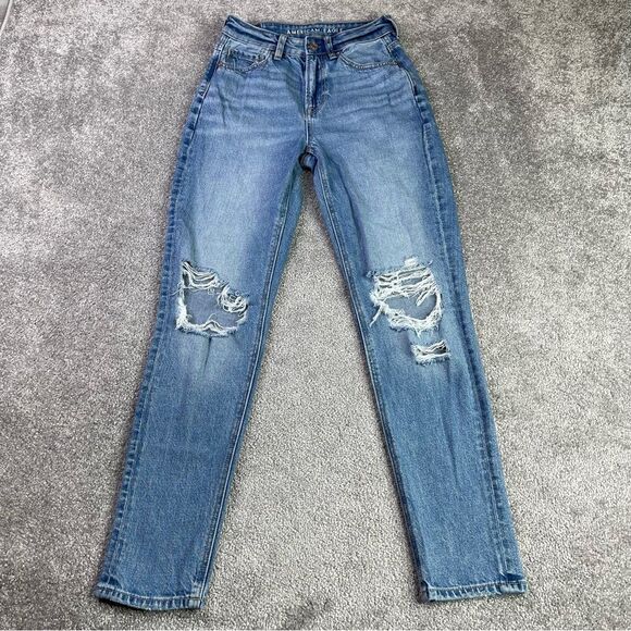 American Eagle Outfitters Denim - American Eagle Mom Jean Women’s 00 Blue Light Wash Tapered High Rise Torn Rips